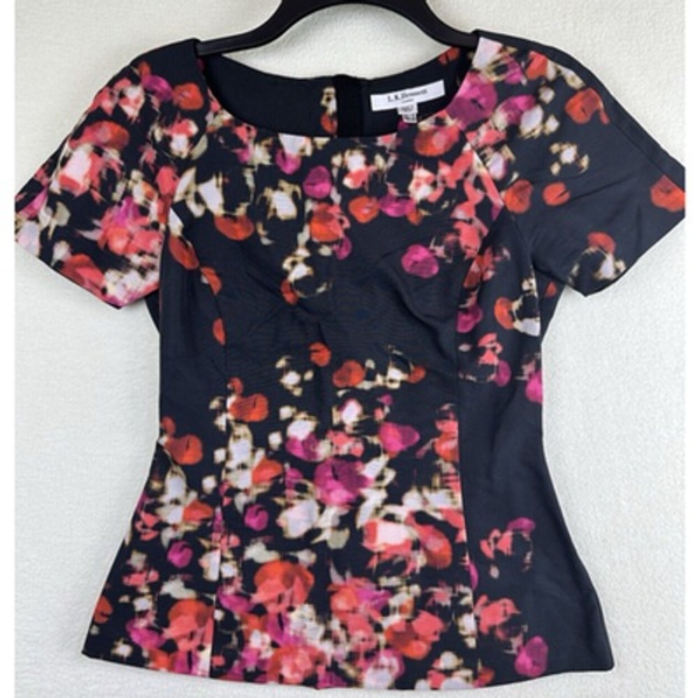 LK Bennett Leticia Silk Cotton Blouse Black Pink Floral Short Sleeve Top Size 2